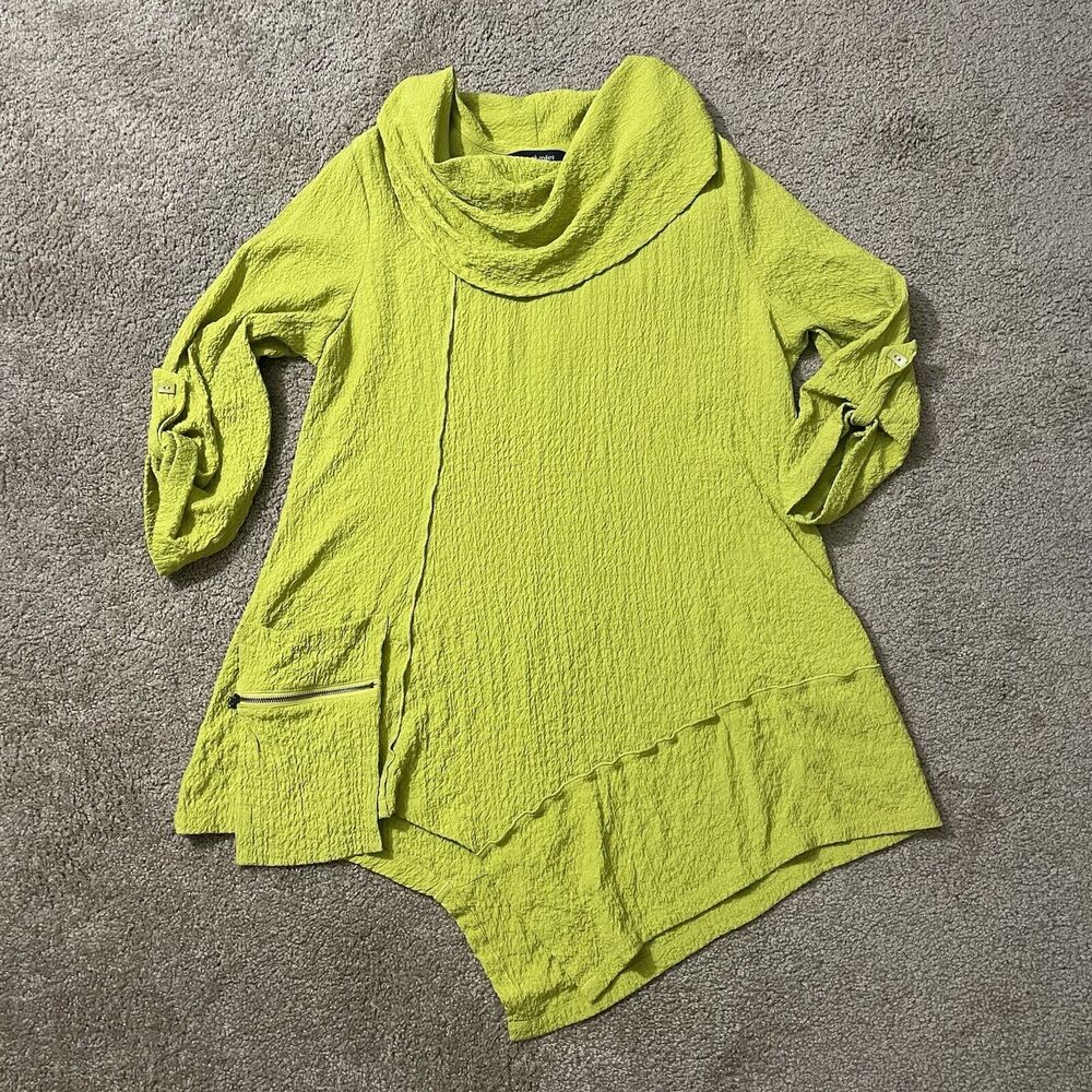 Ali Miles Top Women Medium Yellow Green Lagenlook Crinkle Puckered Boho Tunic